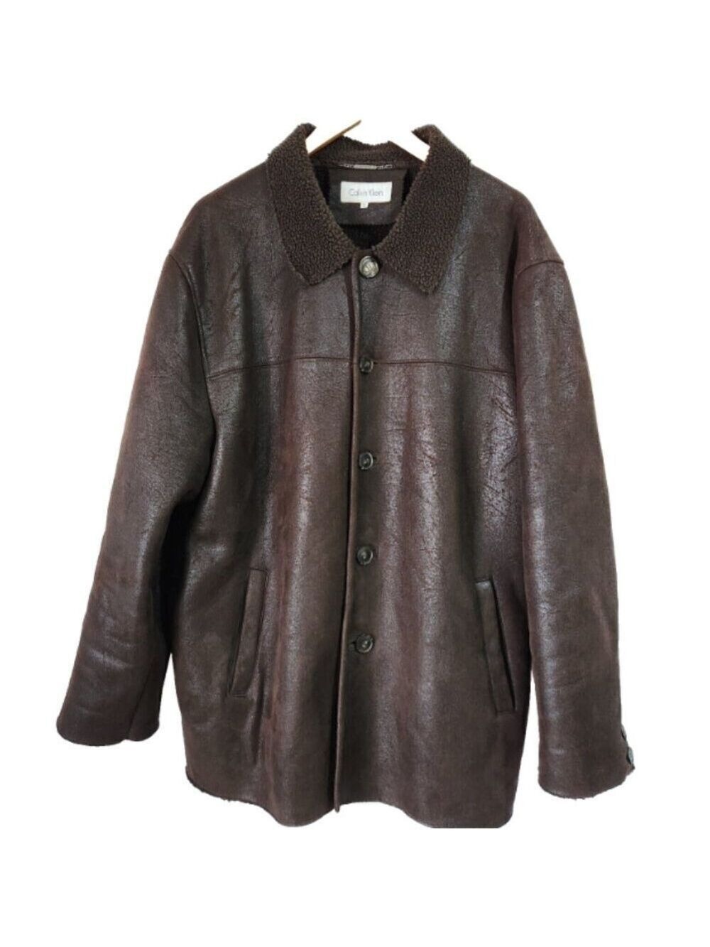 Calvin Klein Coat Mens Size XL Brown Button Up Polyester Faux Sherpa Lining